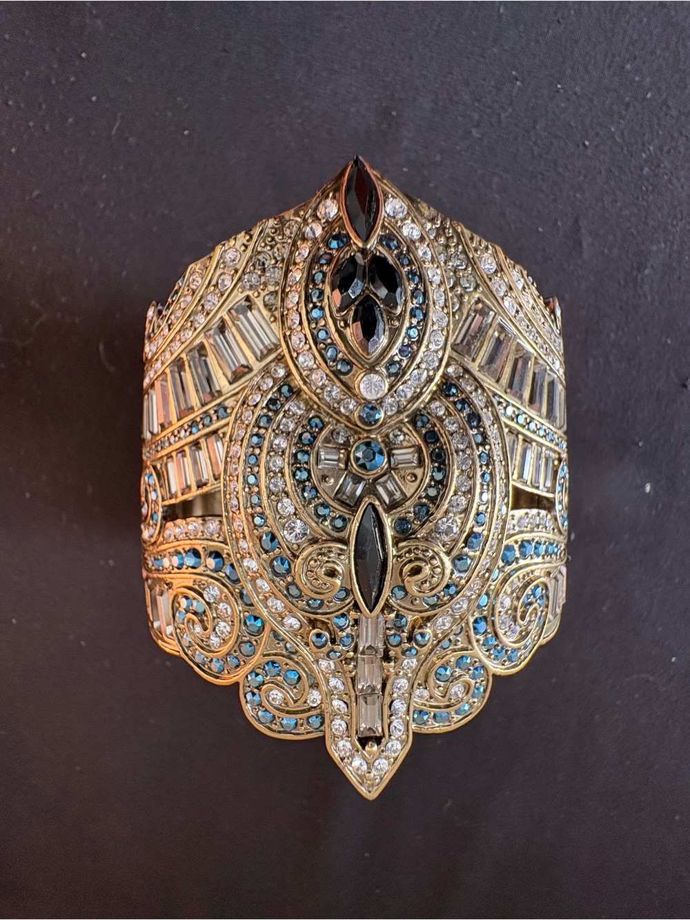 Gold-Tone Blue Crystal Filigree Statement Cuff Bracelet